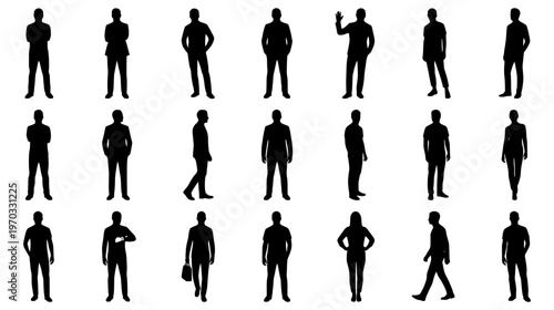 Black silhouettes of diverse men and women in various standing walking waving and professional poses