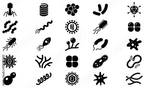 Set of Pathogen and Bacteria Icons Representing Various Microscopic Germs and Viruses