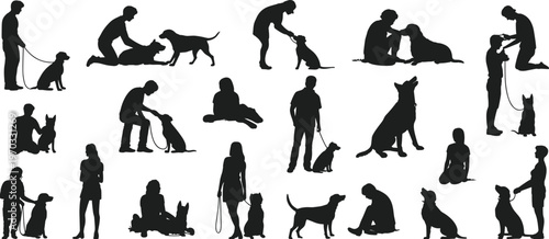 Dog and human silhouette illustration, diverse activities including walking, sitting, petting, training, playing, companionship theme, vector art, black silhouettes, isolated, bold design