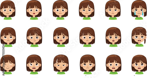 A diverse array of cartoon faces showcases a range of emotions from sadness to surprise.