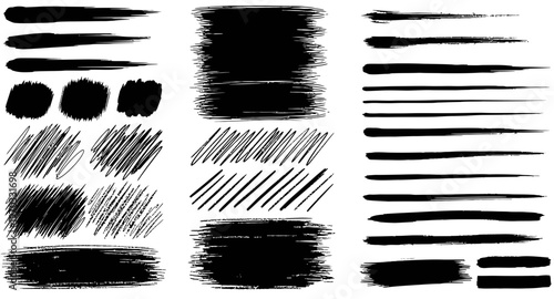 A collection of black grunge brush strokes, lines, and scribbles on a white background, useful for graphic design elements and textures.