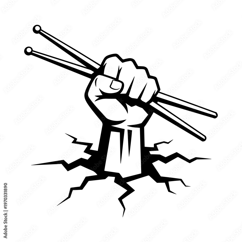 Obraz premium Fist Holding Drumsticks Breaking Through Wall Vector Design
