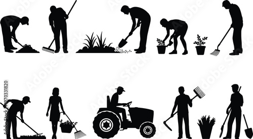 Gardening and farming silhouette illustration, people engaged in diverse tasks including digging, raking, 