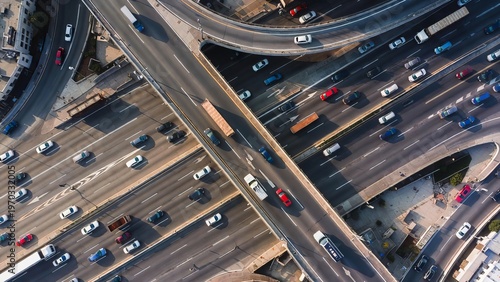 Aerial Top Down View of Busy City Highway Interchange and Traffic Junction