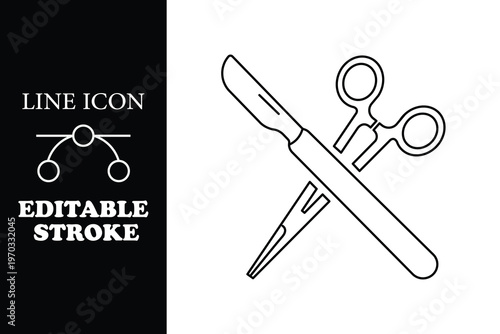 Crossed scalpel and scissors medical instruments line editable stroke