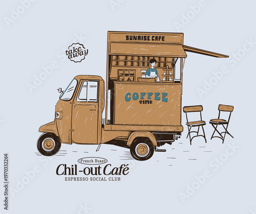 Street food cart hand drawn vector art, Retro vintage street food artwork with typography, Motor food cart  on road side illustration