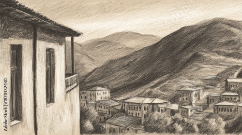 Monochrome sketch of an old village nestled in a valley, featuring houses and mountains