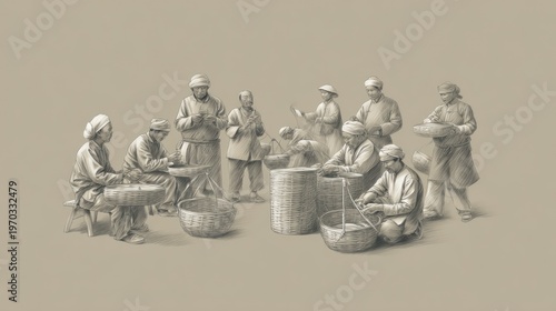 Sepia-toned depiction of multiple figures interacting, possibly preparing food or materials