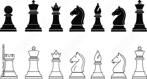 Chess pieces arranged in black and white sets, symbolizing strategy, competition,.