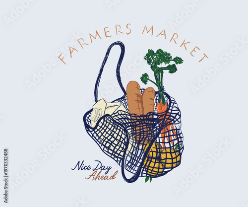 Farmers market artwork vector, Vegetables and milk bread in net bag vector illustration, Daily life shopping hand drawn art, Summer t shirt design
