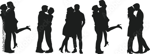 Romantic couple silhouettes in affectionate poses, embracing and kissing, symbolizing love, intimacy, passion, and emotional bonding through body 