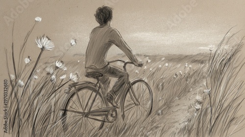 Sepia tone sketch of person on bicycle through field of wildflowers, peaceful atmosphere