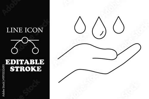 Hand with three water droplets above palm line editable stroke black and white minimalist