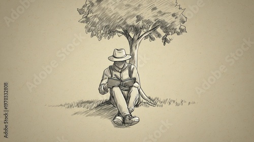 A pencil sketch of a figure seated under a tree, writing in a notebook