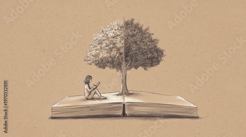Illustration of a woman sketching a tree sprouting from an open book. Concept of creativity