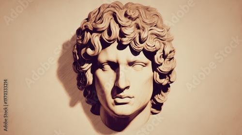 A classical sculpture of a male head with elaborate curly hair and strong features