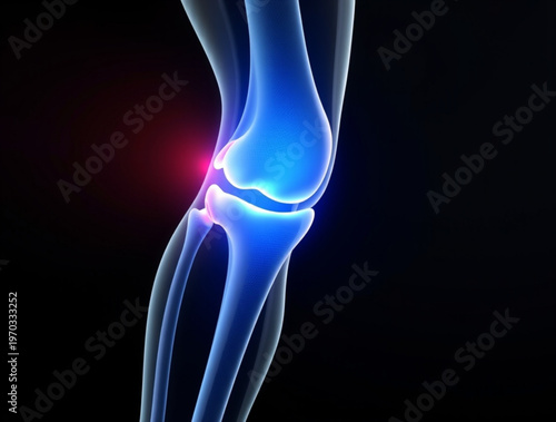 A medical illustration of a human knee joint with a glowing red pain point