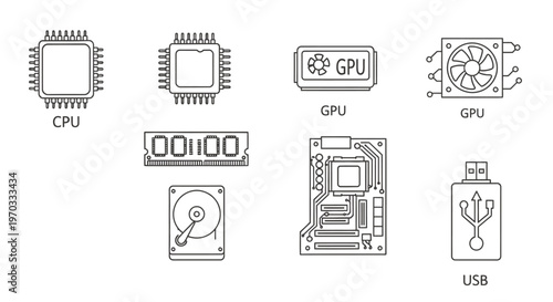 Computer hardware icons cpu gpu ram hard drive usb vector illustration