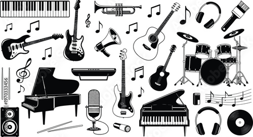 Complete Music Instruments and Audio Equipment Icons Set with Guitars, Drums, Piano, Microphone, Trumpet, Headphones, and Music Notes for Performance, Recording, and Music Production