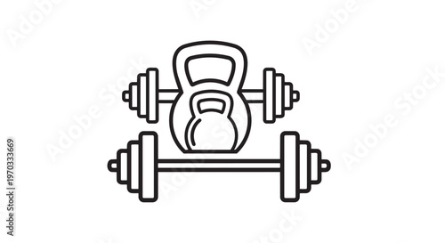 Fitness icons, workout symbols, dumbbell kettlebell vector, black line art, exercise equipment