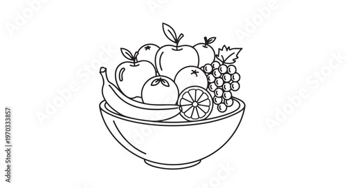 Fresh Fruit Bowl Vector, Healthy Food Illustration, Line Art Style, Black and White Clip Art