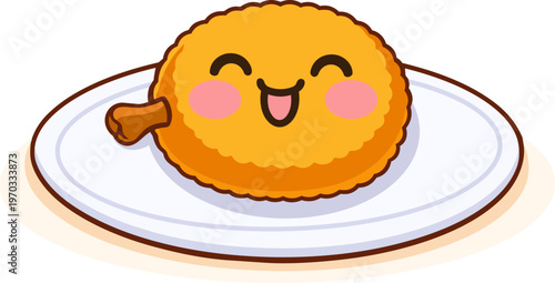 Cute kawaii chicken cutlet on plate in flat vector style, smiling food character with clean shapes, isolated on white background, suitable for kids design, menu and stickers.