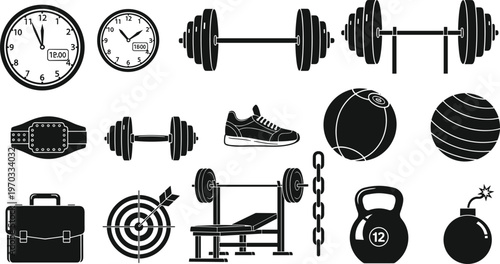 Fitness and Exercise Icons Set with Weights, Dumbbells, Treadmill, Sneakers, Target, and Workout Equipment for Gym, Strength Training, and Fitness Goals