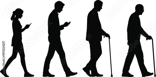 Silhouette illustration of four people walking, representing generational progression, aging process, technology use, and human life stages from youth to elderly adulthood.