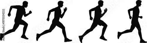 Silhouette illustration of four running figures in progressive motion stages, symbolizing athletic training, human biomechanics, dynamic movement, and sports performance for fitness concepts.