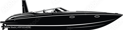 Black and White Luxury Powerboat Vector Illustration with Outboard Motor Propeller and Fin for Marine Graphic Design on White Background