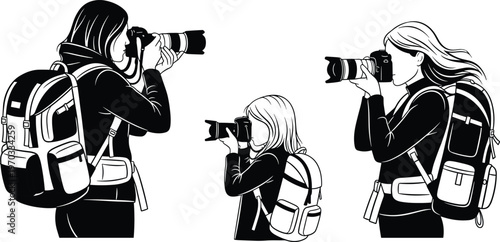 Black And White Silhouette Of Female Photographers With Backpacks Taking Photos Using Professional DSLR Cameras For Travel Adventure And Tourism