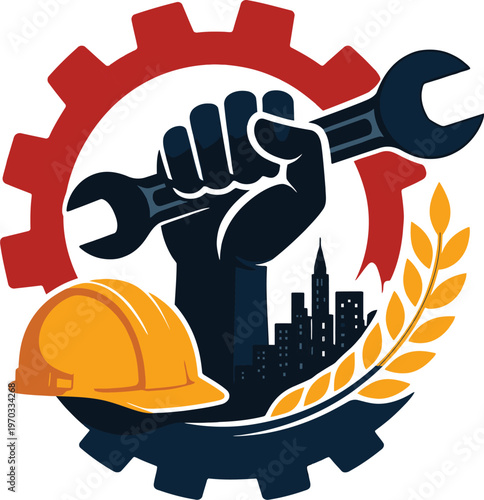 Industrial Labor Day Concept Vector Illustration with Clenched Fist Holding Wrench, Gear, Hard Hat, and Wheat Symbolizing Worker Power and Solidarity.