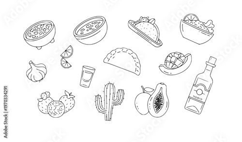 A vector graphic illustration of various Mexican food and drink items