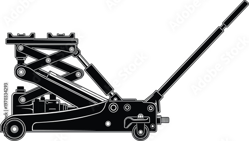Black and White Vector Illustration of a Hydraulic Floor Jack Tool for Car Repair and Automotive Service Isolated on White