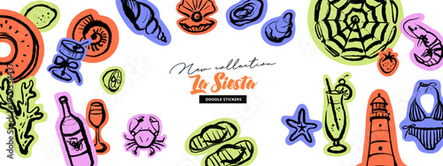 Hand drawn sketch tropical sticker set. Dolce vita summer vibe. Vintage summer Italy Mediterranean coastal vacation collection. Vector isolated illustration