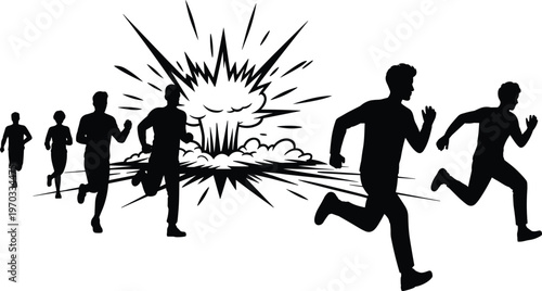 Silhouette illustration of people running from explosion, symbolizing emergency escape, danger, urgency, disaster response, and dramatic action scene in crisis situations.