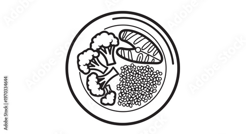 Black and white plate of food, seafood plate, vector illustration, line art plate