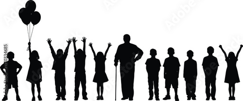 Silhouette of elderly person with cane surrounded by group of children in playful poses, generational contrast symbolizing aging, youth, family, community, and togetherness