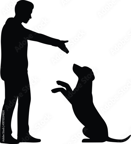 Silhouette of person training dog, playful interaction with raised paws, symbolizing obedience, companionship, communication, and bond between human and pet in modern lifestyle.