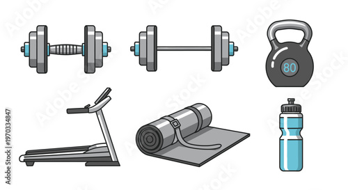 Fitness equipment illustration dumbbells kettlebell treadmill yoga mat and water bottle