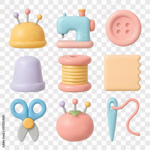 Sewing Vector Icon Set | 3D icon set | pincushion, sewing machine, button, thimble, spool of thread, fabric swatch, scissors, tomato pincushion, and a needle with thread