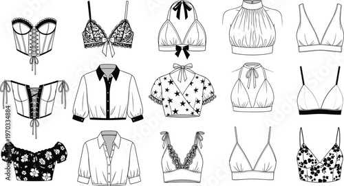 Collection Of Women Fashion Crop Tops And Lingerie Featuring Technical CAD Sketches Of Corsets Halter Necks Bralettes And Floral Blouses Vector