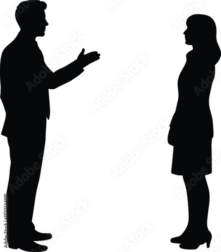 Silhouette of two individuals facing each other in conversation, symbolizing communication, dialogue, interaction, teamwork, and professional exchange in business or social contexts.