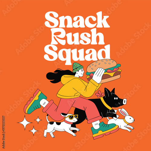 Snack Rush Squad Bold Typography with Fast Food Chase Illustration