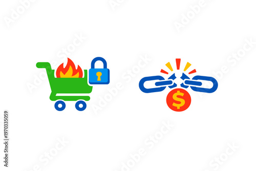 A collection of two flat vector icons featuring a green shopping cart