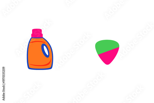 Two objects: an orange laundry detergent bottle with a pink cap and a