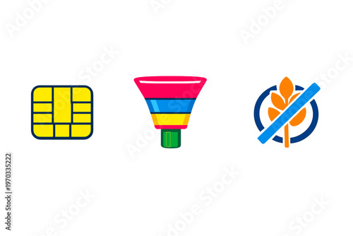 Three flat vector icons including a yellow credit card chip, a