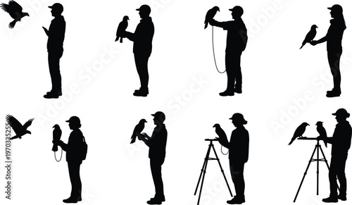 "Silhouettes of falconers handling birds of prey with gloved hands, showcasing falconry traditions, bird training, human-animal bond, and wildlife interaction in silhouette art"