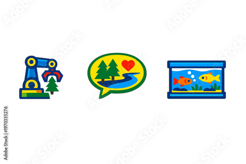 A set of three flat vector icons featuring a robotic arm holding a