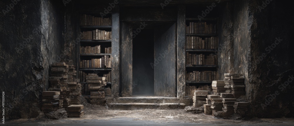 Fototapeta premium Hidden Recesses of an Ancient Library with Dusty Books and Shadows